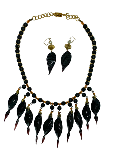 Black Italian Murano Glass Necklace and Matching Earrings Set